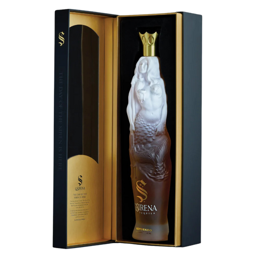"Dia De La Sirena Reposado Tequila bottle featuring detailed mermaid design, golden tequila color, premium Mexican agave spirit."