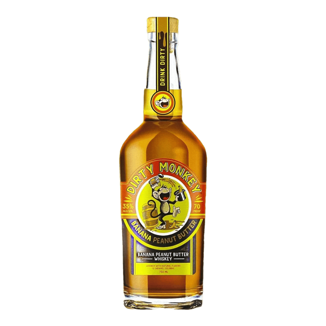 "Dirty Monkey Banana Peanut Butter Whiskey 750ML bottle – flavored whiskey with banana and peanut butter notes"