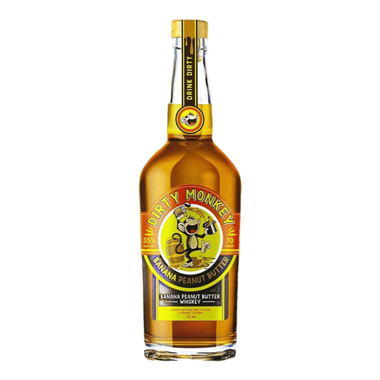 "Dirty Monkey Banana Peanut Butter Whiskey 750ML bottle – flavored whiskey with banana and peanut butter notes"