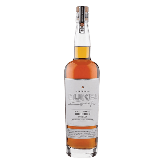 Premium bottle shot of Duke Kentucky Straight Bourbon Whiskey 750ML with gold label, glass bottle, and rich amber color