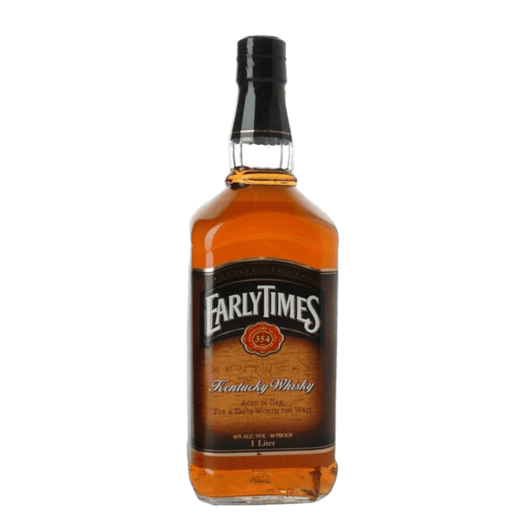Early Times Kentucky Whisky 750ML bottle with oak barrel background, classic Kentucky whisky label, amber spirit visible through glass