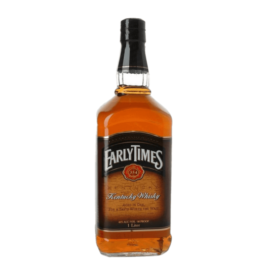 Early Times Kentucky Whisky 750ML bottle with oak barrel background, classic Kentucky whisky label, amber spirit visible through glass