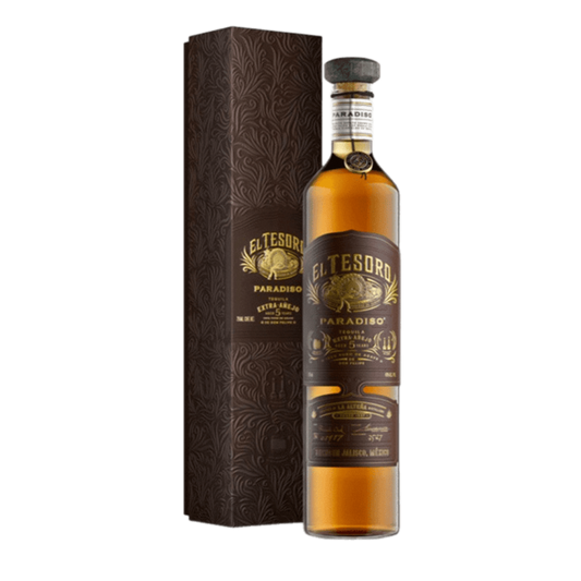 “El Tesoro 5 Year Old Paradiso Extra Añejo Tequila 750ML bottle with amber tequila in a sleek glass bottle featuring gold and brown label.”