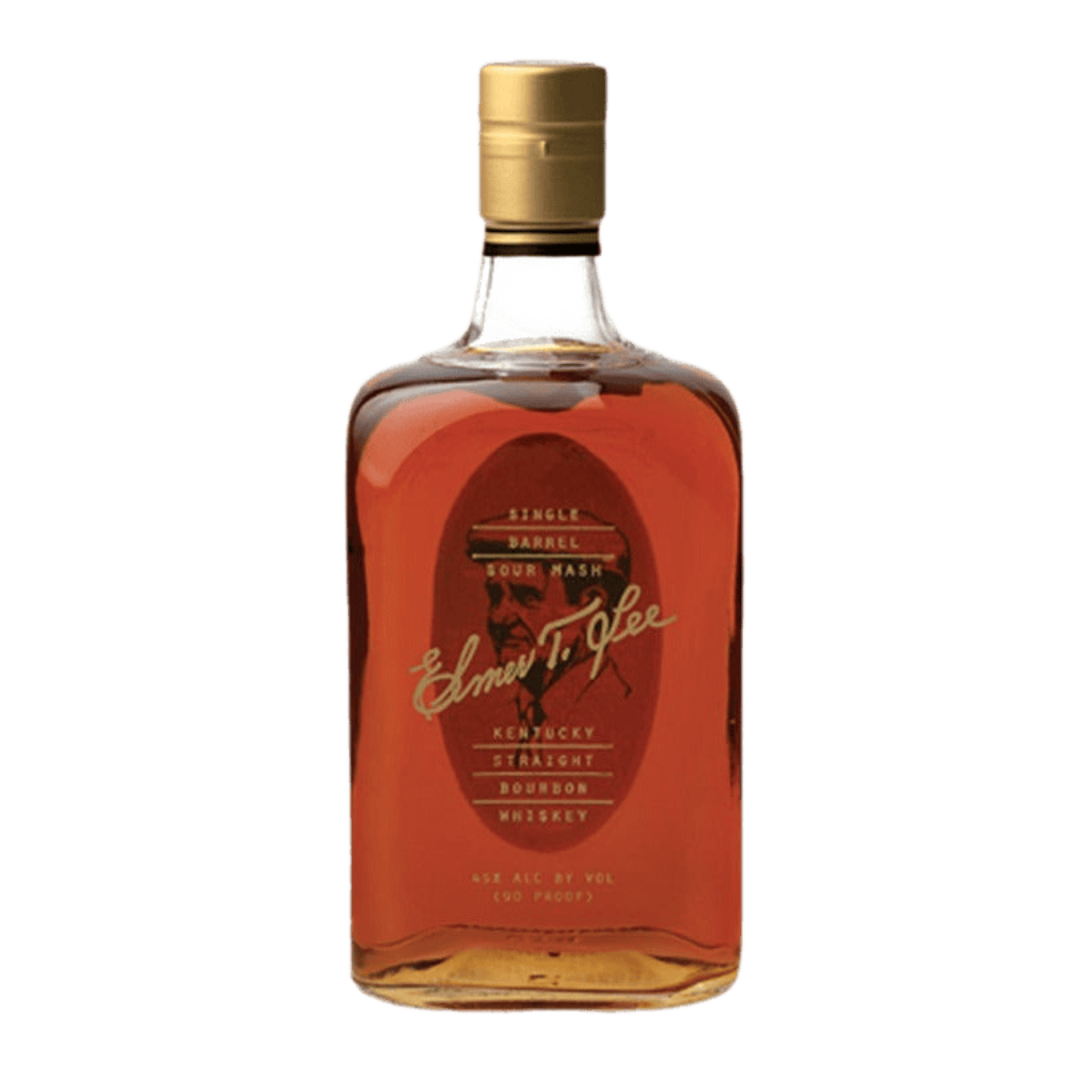 “Bottle of Elmer T. Lee Single Barrel Bourbon 750ML – premium Kentucky bourbon with amber color and gold label on a wooden background.”
