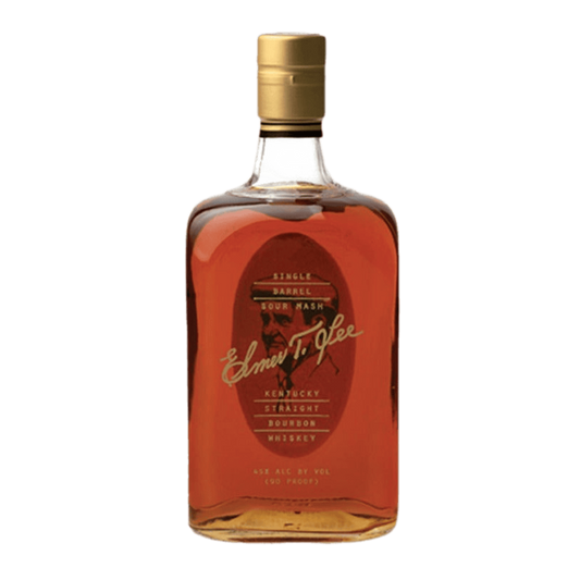 “Bottle of Elmer T. Lee Single Barrel Bourbon 750ML – premium Kentucky bourbon with amber color and gold label on a wooden background.”