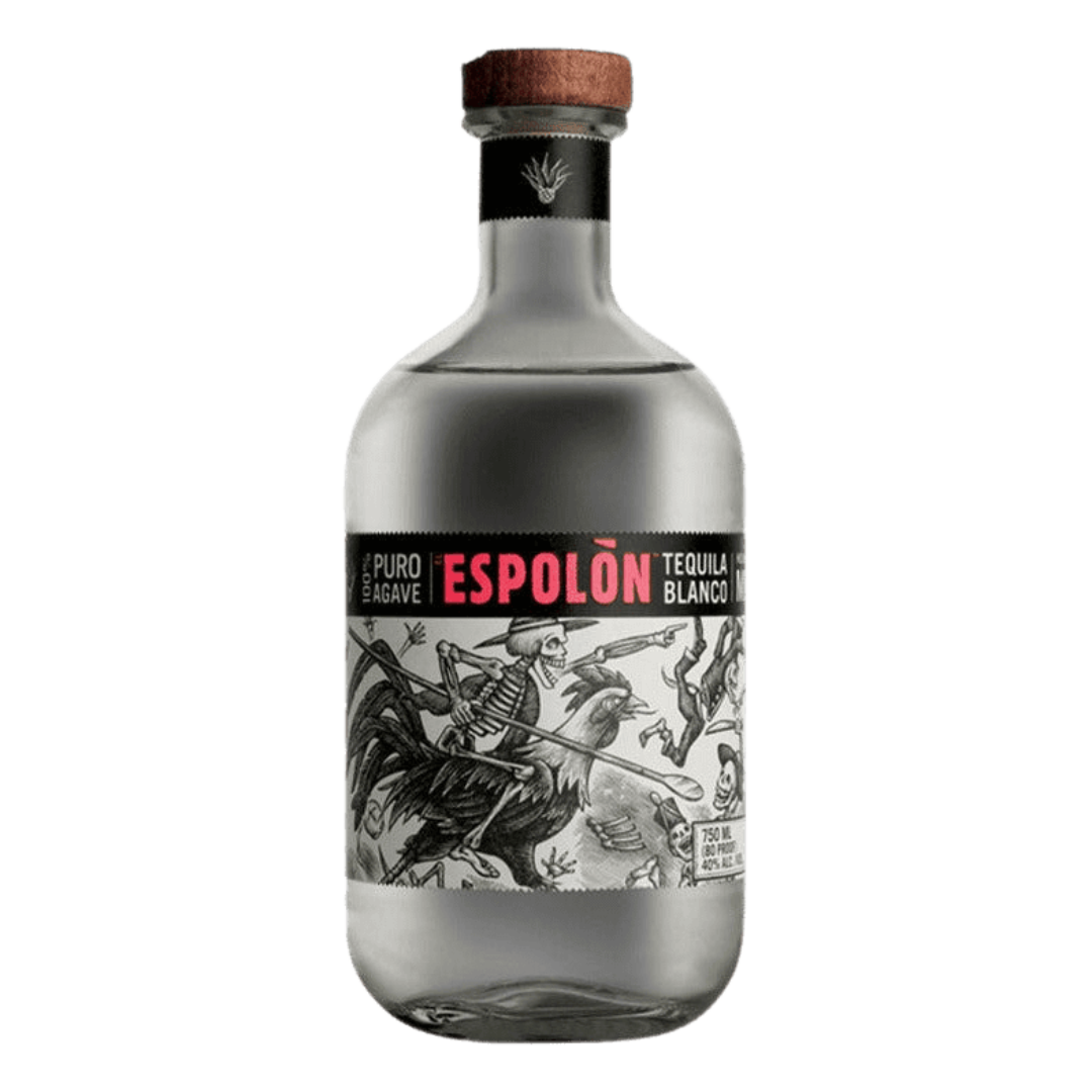 “Espolòn Blanco Tequila 750ML bottle featuring iconic Mexican artwork, premium 100% Blue Weber Agave tequila.”