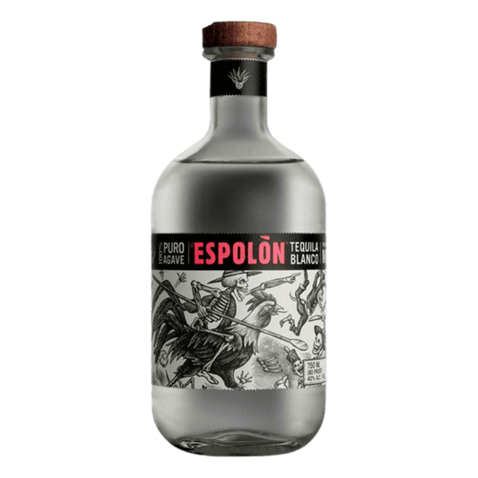 “Espolòn Blanco Tequila 750ML bottle featuring iconic Mexican artwork, premium 100% Blue Weber Agave tequila.”