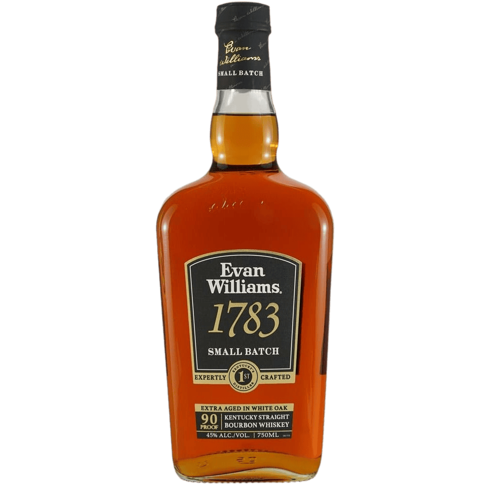 “Bottle of Evan Williams 1783 Small Batch Kentucky Straight Bourbon Whiskey, 750ML, with black and gold label.”