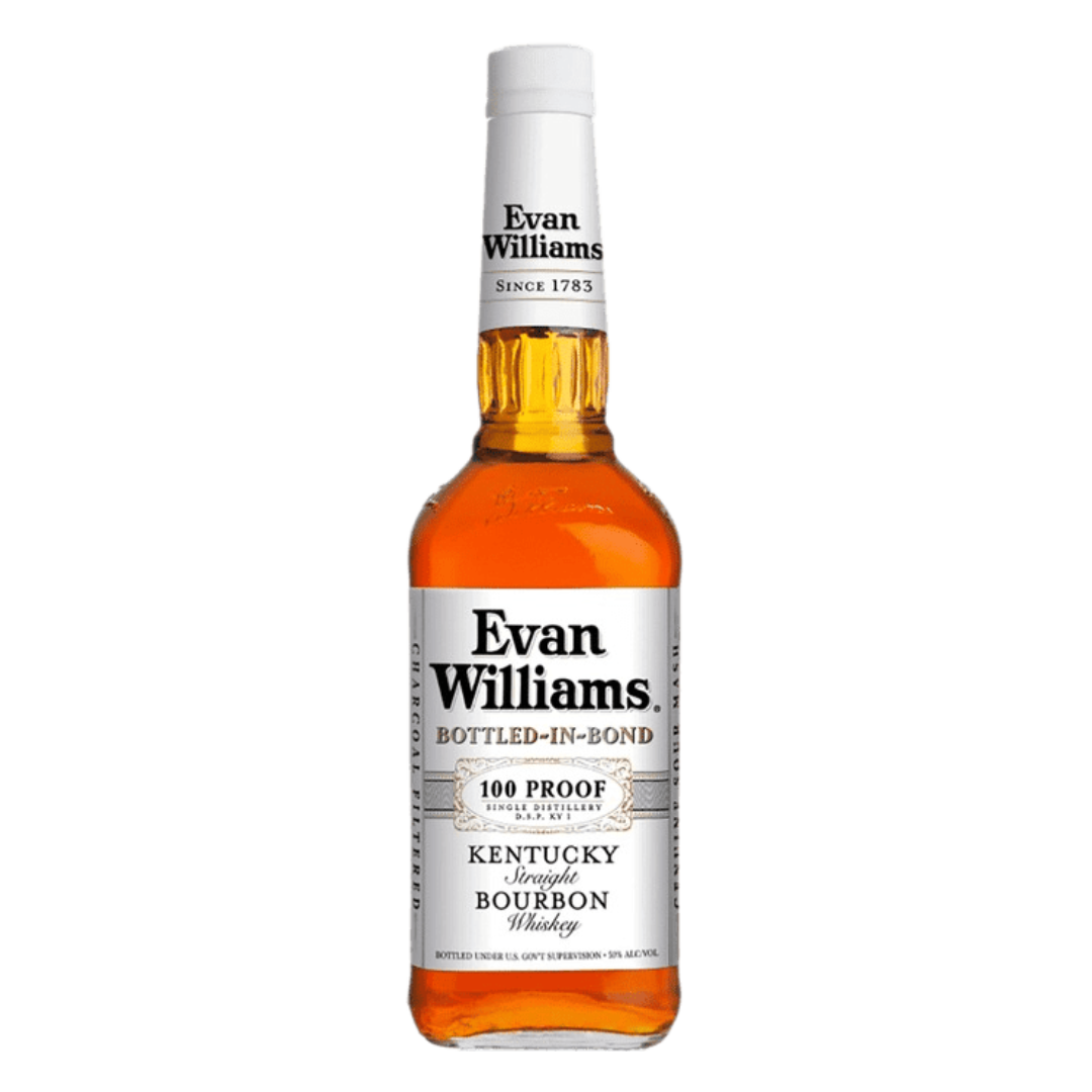 “Evan Williams Bottled-in-Bond 100 Proof Bourbon 750ML bottle with label showcasing 100 proof and Bottled-in-Bond designation.”