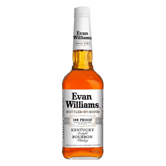 “Evan Williams Bottled-in-Bond 100 Proof Bourbon 750ML bottle with label showcasing 100 proof and Bottled-in-Bond designation.”