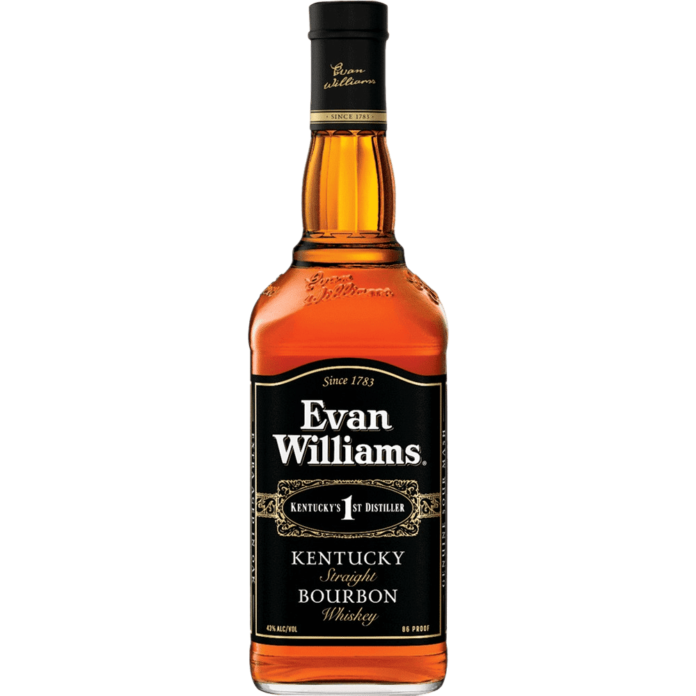 “Evan Williams Bourbon Whiskey 750ML bottle with amber whiskey, black label, and Kentucky Straight Bourbon branding.”