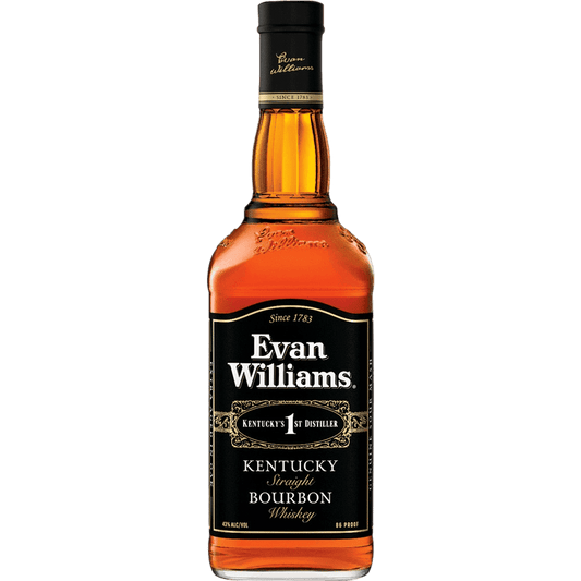 “Evan Williams Bourbon Whiskey 750ML bottle with amber whiskey, black label, and Kentucky Straight Bourbon branding.”