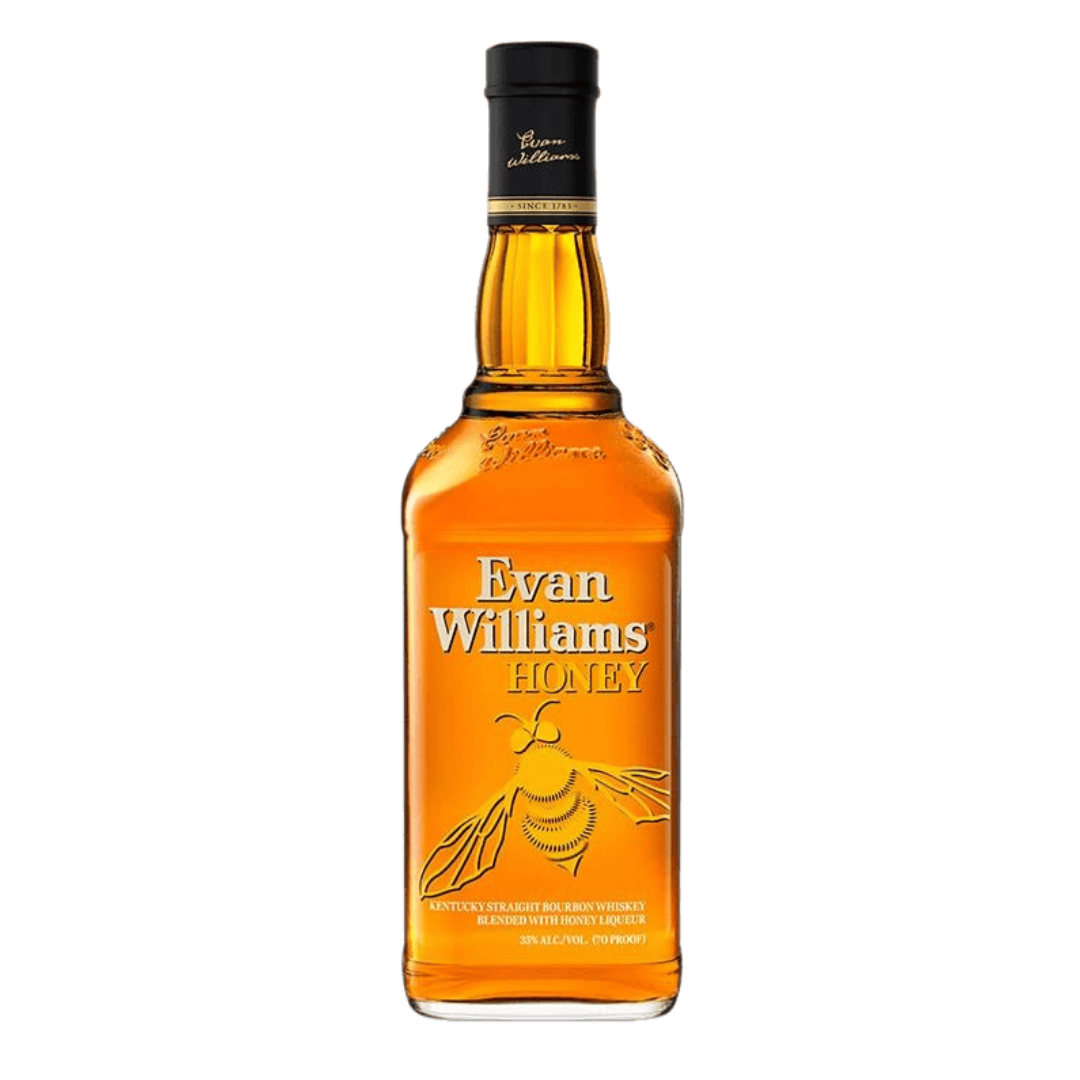 “Evan Williams Honey Whiskey 750ML bottle with honey-infused bourbon branding and golden label.”