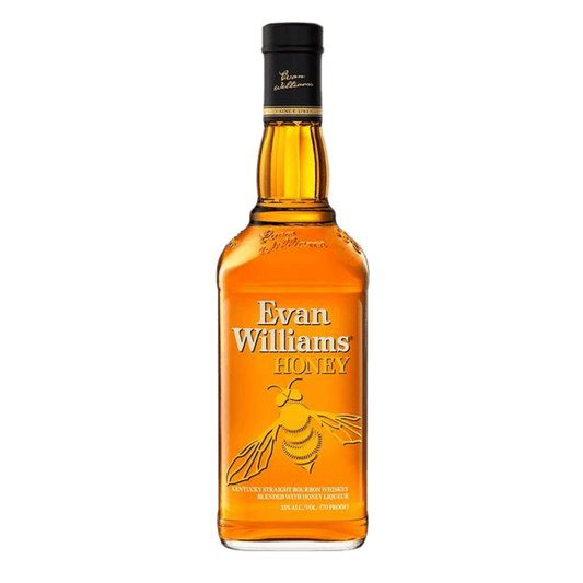 “Evan Williams Honey Whiskey 750ML bottle with honey-infused bourbon branding and golden label.”