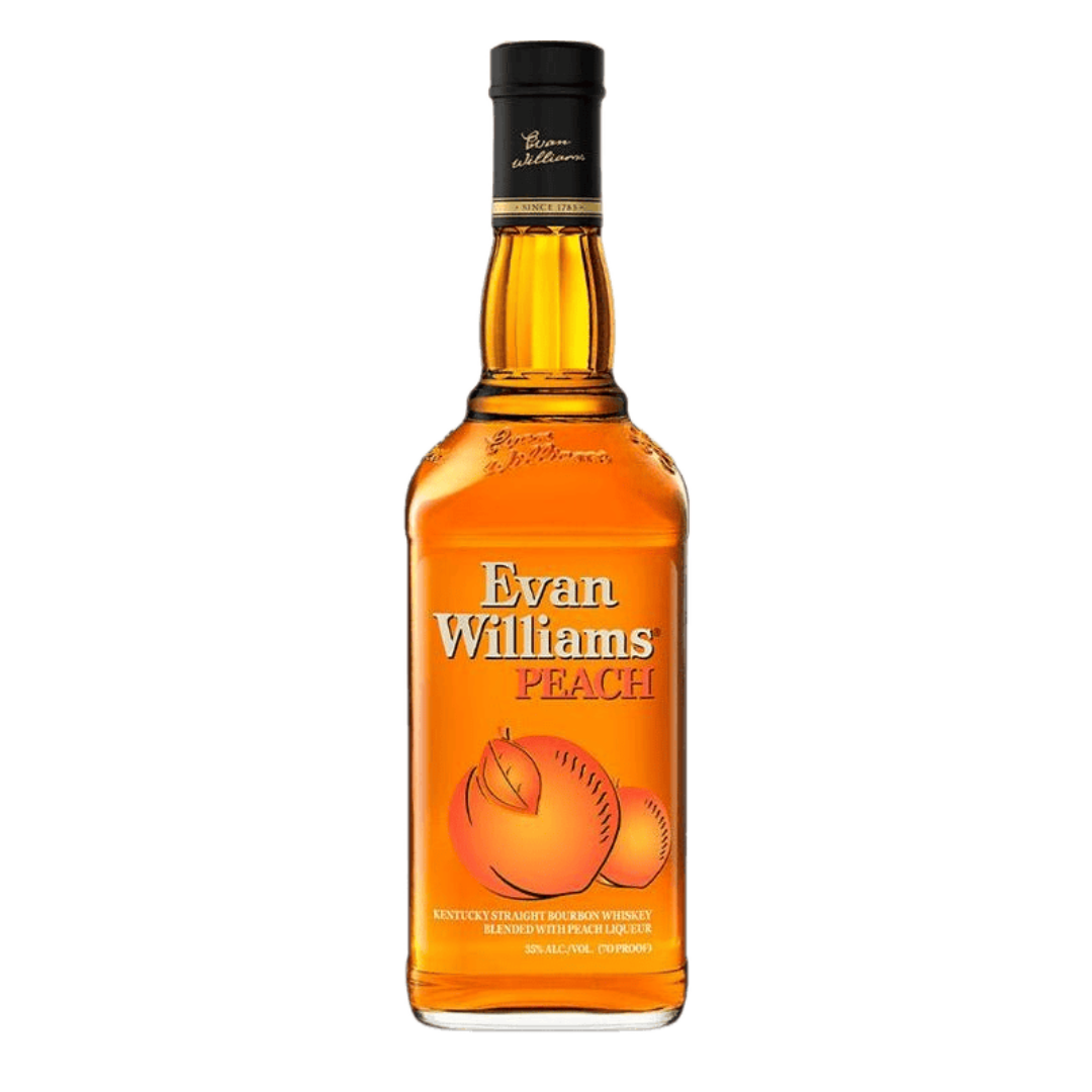 “Evan Williams Peach Whiskey 750ML bottle with peach-infused bourbon label and bright peach branding”