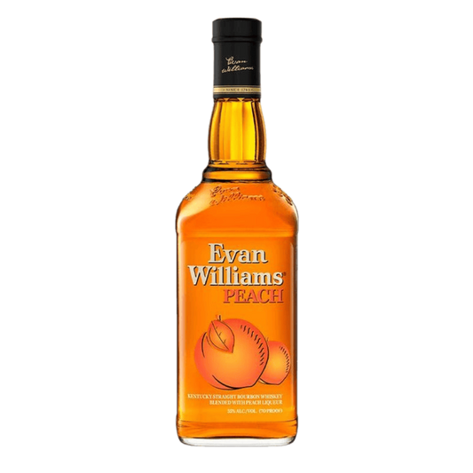 “Evan Williams Peach Whiskey 750ML bottle with peach-infused bourbon label and bright peach branding”