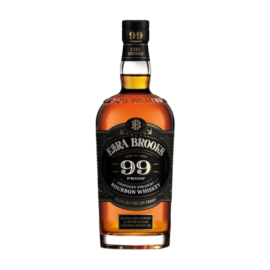 “Ezra Brooks 99 Proof Bourbon 750ML bottle with black label and gold accents standing upright on plain background.”