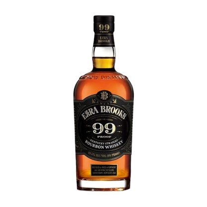 “Ezra Brooks 99 Proof Bourbon 750ML bottle with black label and gold accents standing upright on plain background.”