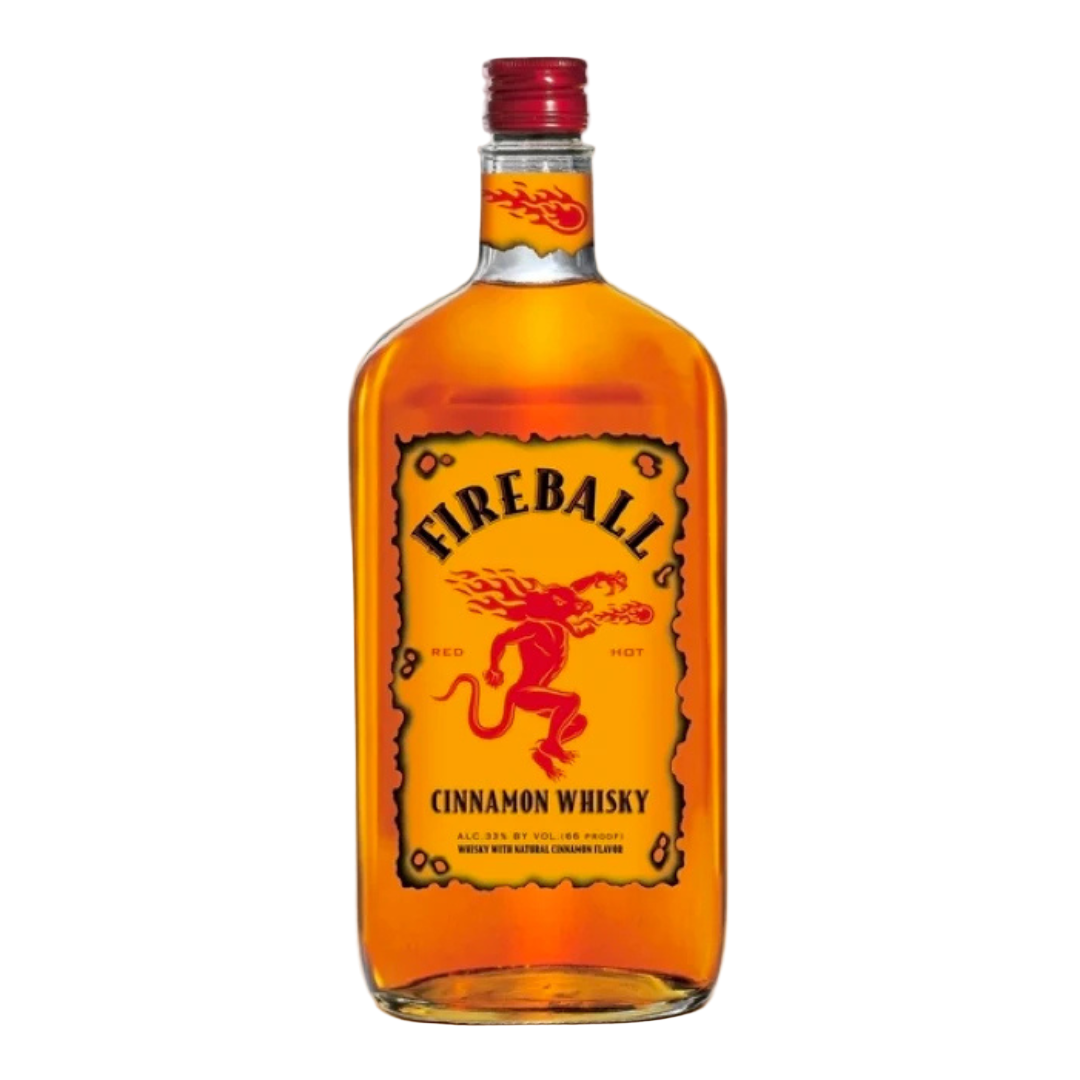“Fireball Cinnamon Whisky 750ML bottle with red and yellow label featuring a fire-breathing dragon.”