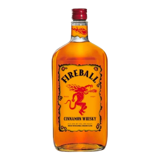 “Fireball Cinnamon Whisky 750ML bottle with red and yellow label featuring a fire-breathing dragon.”