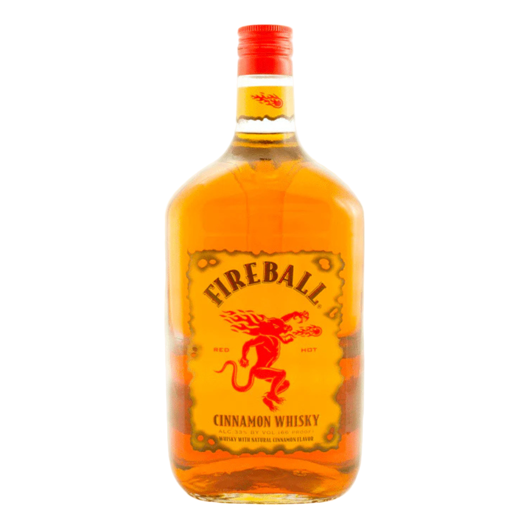 Large 1.75L bottle of Fireball Cinnamon Whiskey with red label and flaming dragon logo.