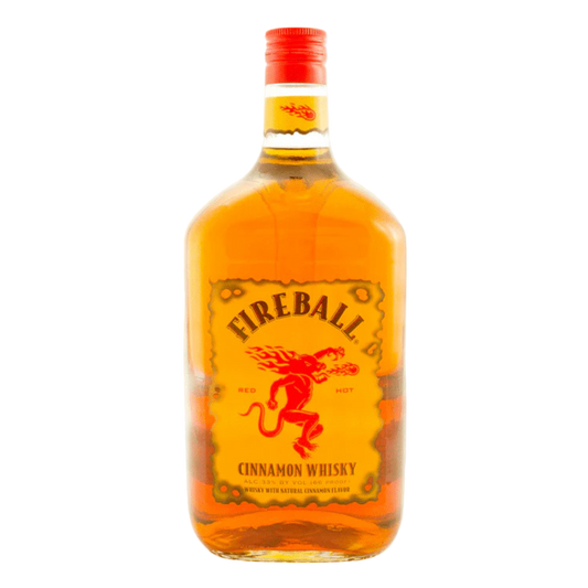 Large 1.75L bottle of Fireball Cinnamon Whiskey with red label and flaming dragon logo.