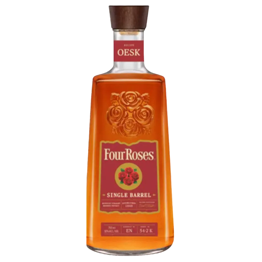 Four Roses OESK Single Barrel Bourbon bottle with label showing OESK recipe and Kentucky straight bourbon whiskey