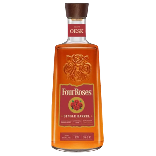 Four Roses OESK Single Barrel Bourbon bottle with label showing OESK recipe and Kentucky straight bourbon whiskey