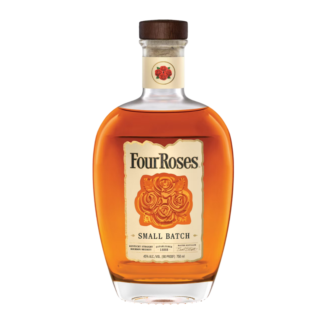 “Four Roses Small Batch Bourbon 750ML bottle with embossed label and amber bourbon against a neutral background.”