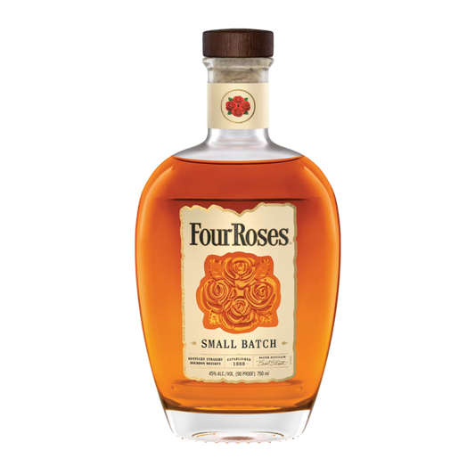 “Four Roses Small Batch Bourbon 750ML bottle with embossed label and amber bourbon against a neutral background.”
