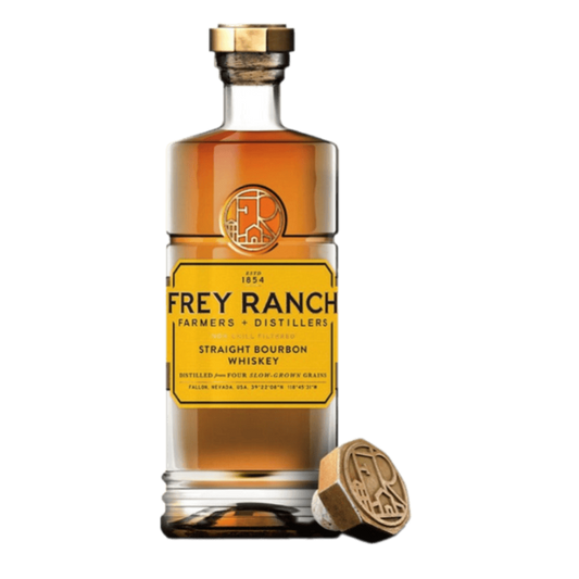 “Frey Ranch Straight Bourbon Whiskey 750ML bottle with embossed glass design and cork top.”