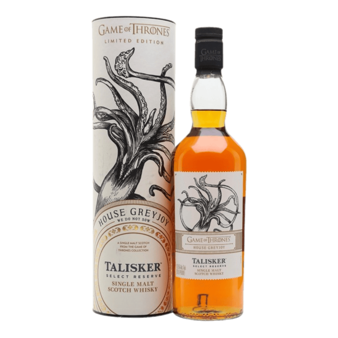 “Game of Thrones House Greyjoy Talisker Select Reserve Scotch Whisky 750ML bottle with House Greyjoy design”