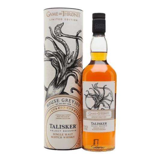 “Game of Thrones House Greyjoy Talisker Select Reserve Scotch Whisky 750ML bottle with House Greyjoy design”