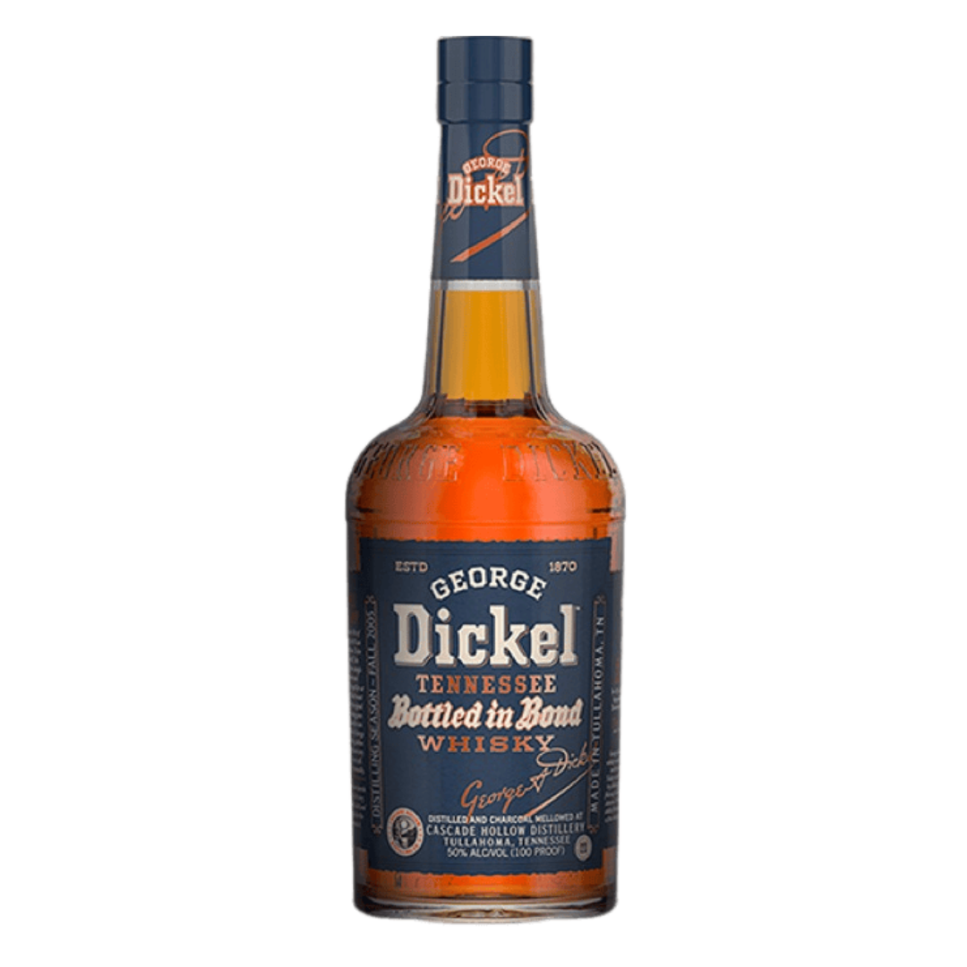 “George Dickel Bottled in Bond 750 ML bottle with amber whiskey, classic label, and cork cap on wooden background”