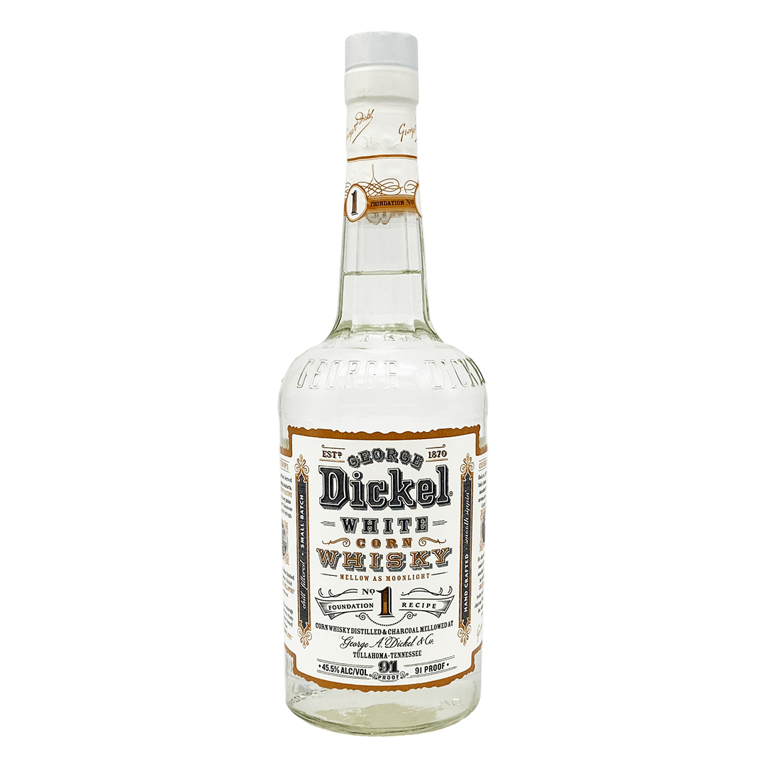 “George Dickel No. 1 White Corn Whisky 750ML bottle – clear unaged Tennessee whisky with corn mash character”