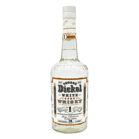 “George Dickel No. 1 White Corn Whisky 750ML bottle – clear unaged Tennessee whisky with corn mash character”