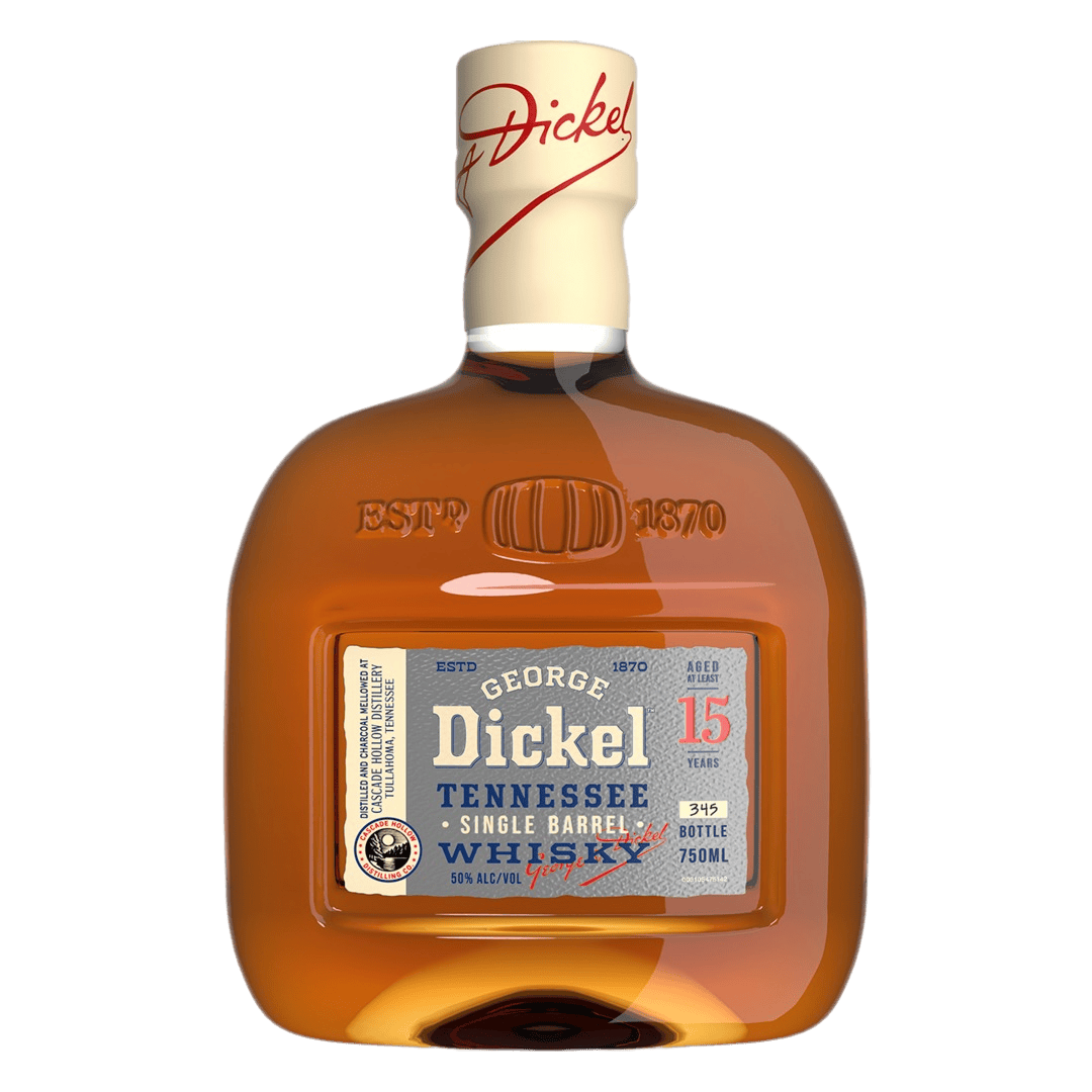 “George Dickel Single Barrel 15 Year Old 750ML bottle with dark amber whiskey, label showing 15-year age statement, and Tennessee distillery branding.”