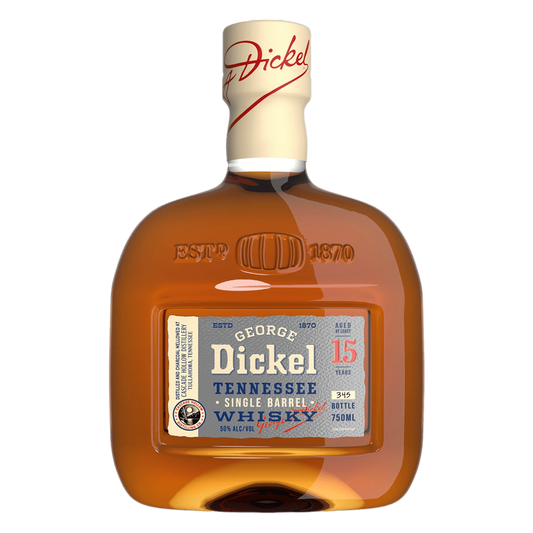 “George Dickel Single Barrel 15 Year Old 750ML bottle with dark amber whiskey, label showing 15-year age statement, and Tennessee distillery branding.”