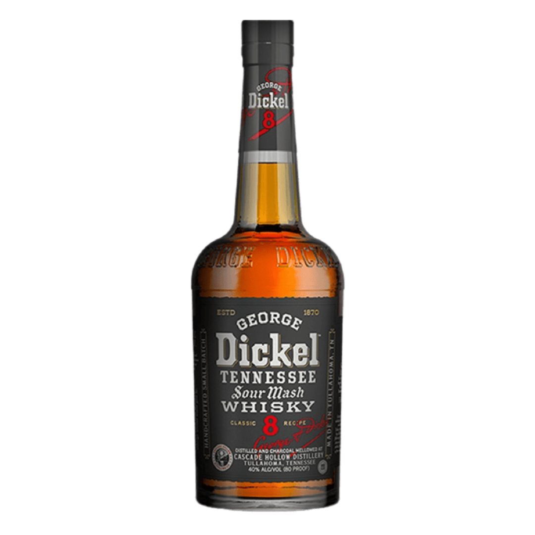 “George Dickel Sour Mash Classic No. 8 Whisky 750ML bottle with black and red label on light background.”