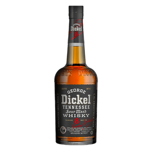 “George Dickel Sour Mash Classic No. 8 Whisky 750ML bottle with black and red label on light background.”