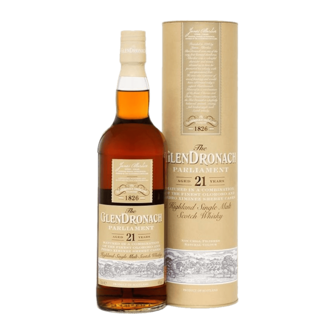 “GlenDronach Parliament 21 Year Old Scotch Whisky 750ML bottle with premium packaging and sherry-cask aged label.”