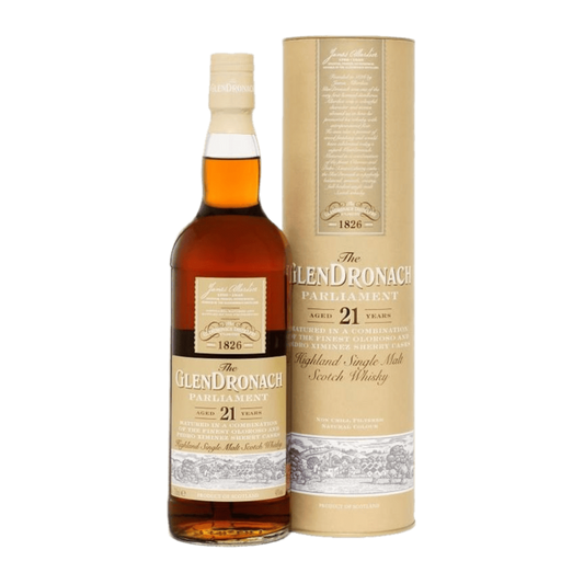 “GlenDronach Parliament 21 Year Old Scotch Whisky 750ML bottle with premium packaging and sherry-cask aged label.”