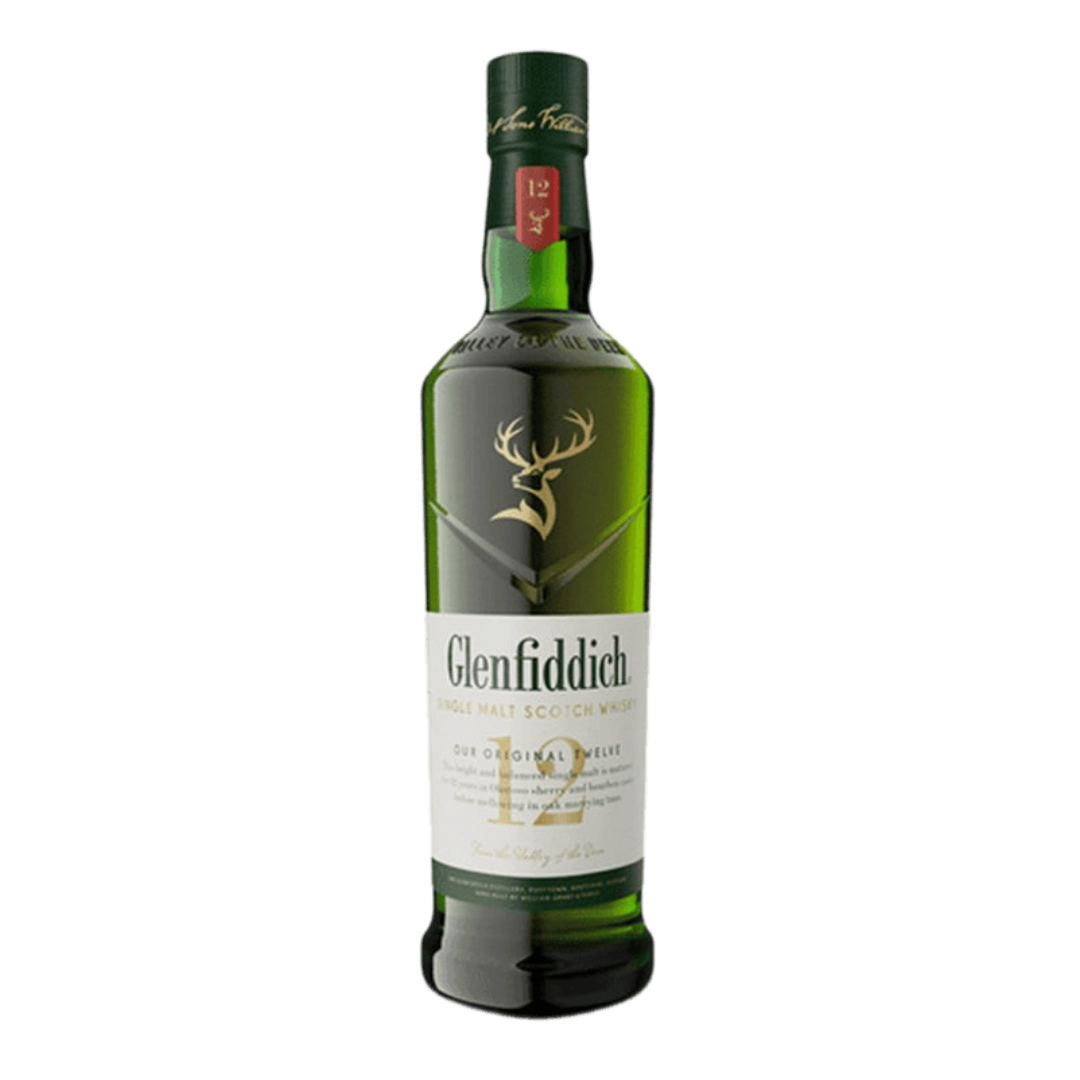 “Glenfiddich 12 Year 750ML Single Malt Scotch Whisky bottle with green packaging and gold label.”