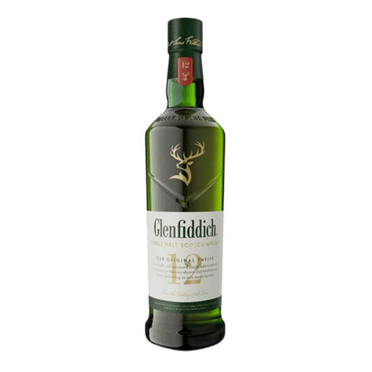 “Glenfiddich 12 Year 750ML Single Malt Scotch Whisky bottle with green packaging and gold label.”