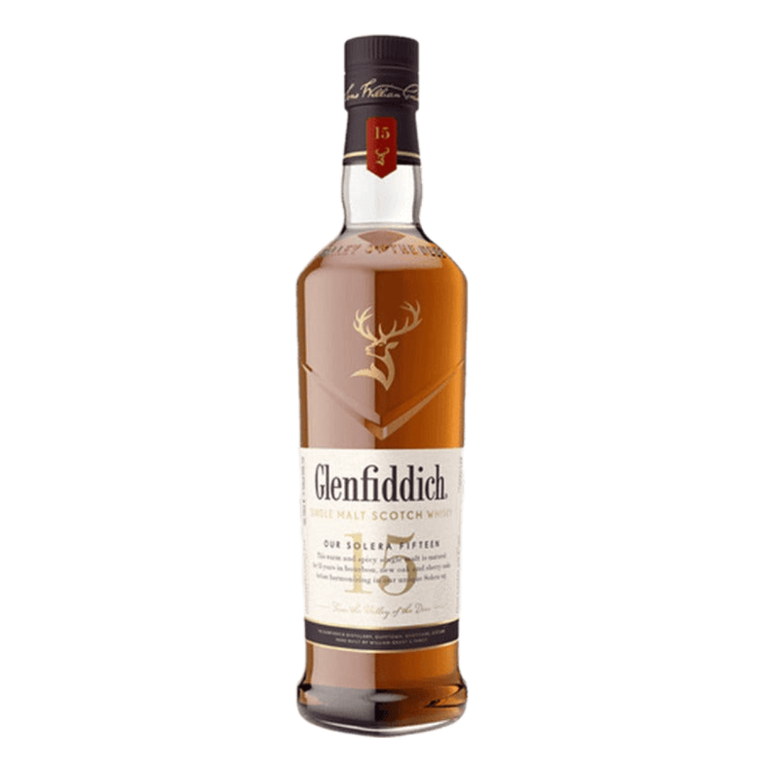 "Glenfiddich 15 Year Old Single Malt Scotch Whisky 750ML bottle with box packaging"