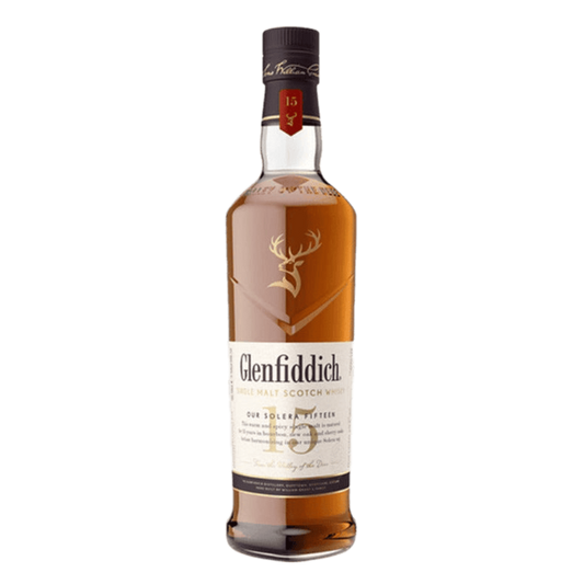 "Glenfiddich 15 Year Old Single Malt Scotch Whisky 750ML bottle with box packaging"