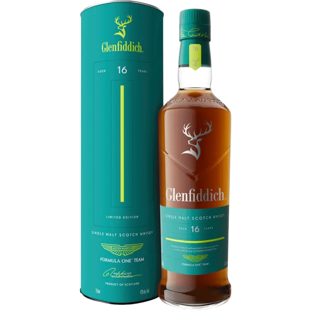 Glenfiddich Aston Martin F1 16 Year Old Single Malt Scotch Whisky bottle with luxury box and Aston Martin branding.”