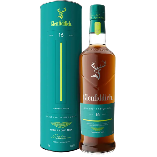 Glenfiddich Aston Martin F1 16 Year Old Single Malt Scotch Whisky bottle with luxury box and Aston Martin branding.”