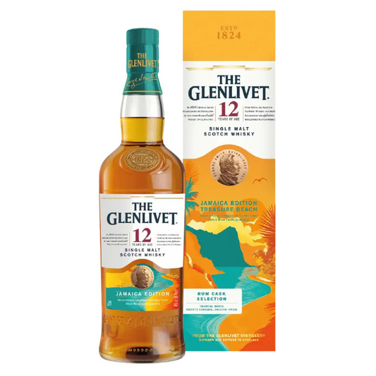 Glenlivet 12 Year Jamaica Edition Single Malt Scotch Whisky bottle – limited Caribbean rum barrel finish with golden amber color and tropical notes”