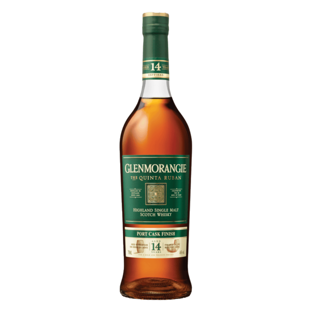 “Glenmorangie The Quinta Ruban 14 Year Single Malt Scotch Whisky 750ML bottle with ruby port cask finish packaging.”